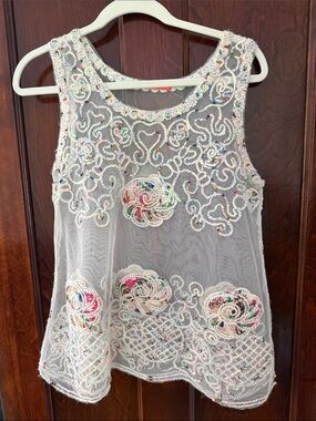 I Love size one White Sheer Embellished Mesh Tank with Embroidered Floral Detail